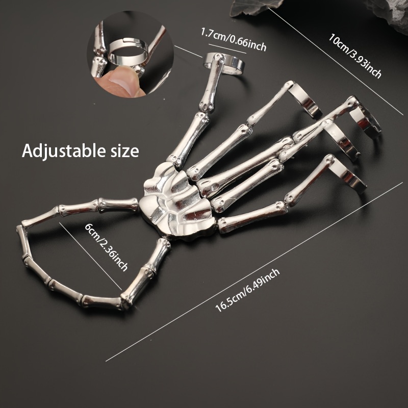 Punk Skull Hand Bone Five Finger Ring Bracelet Chain